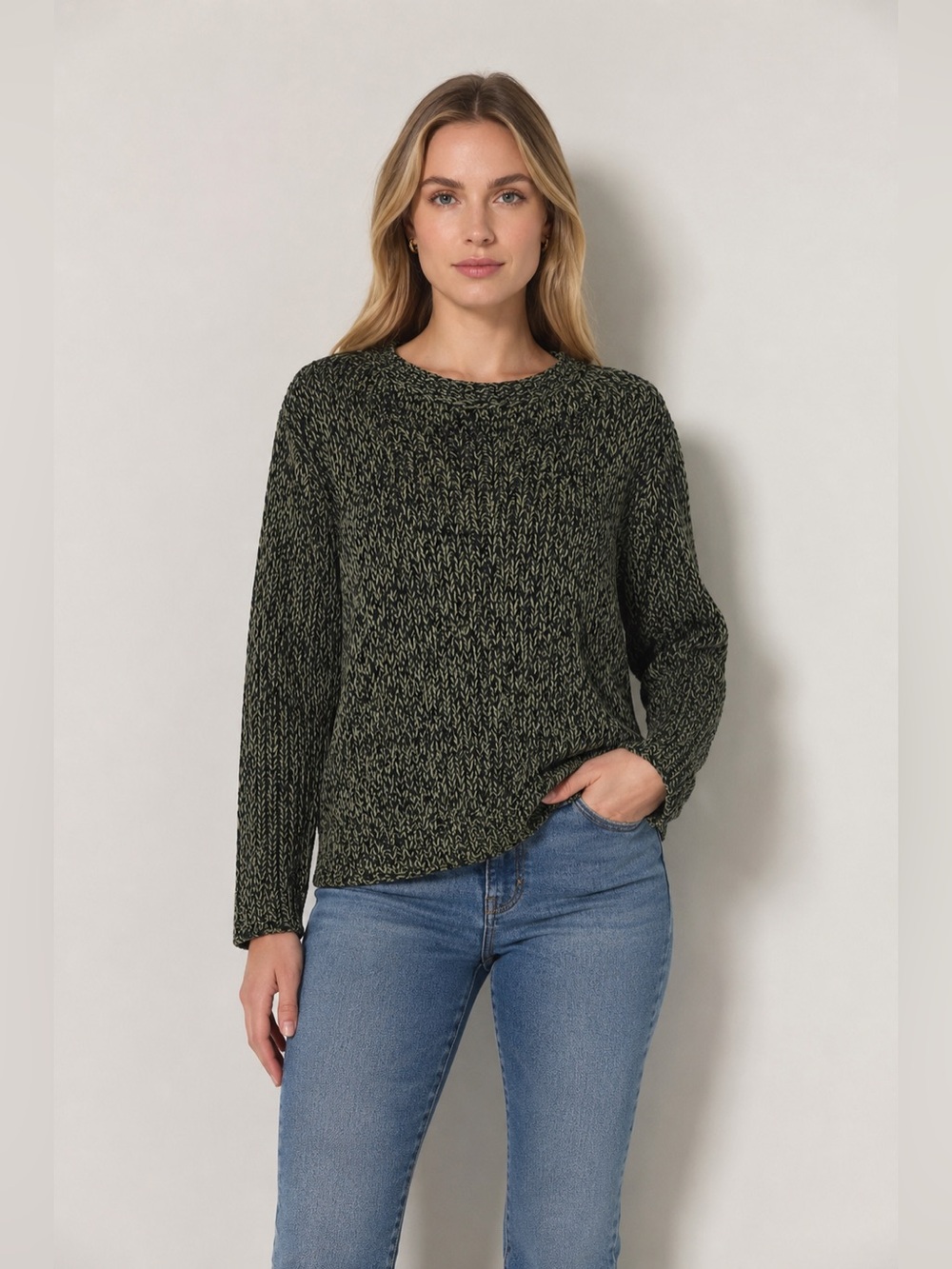 Chunky Marled Knit Sweater Green Black Textured Loose Fit Slouchy Boho Artisan M